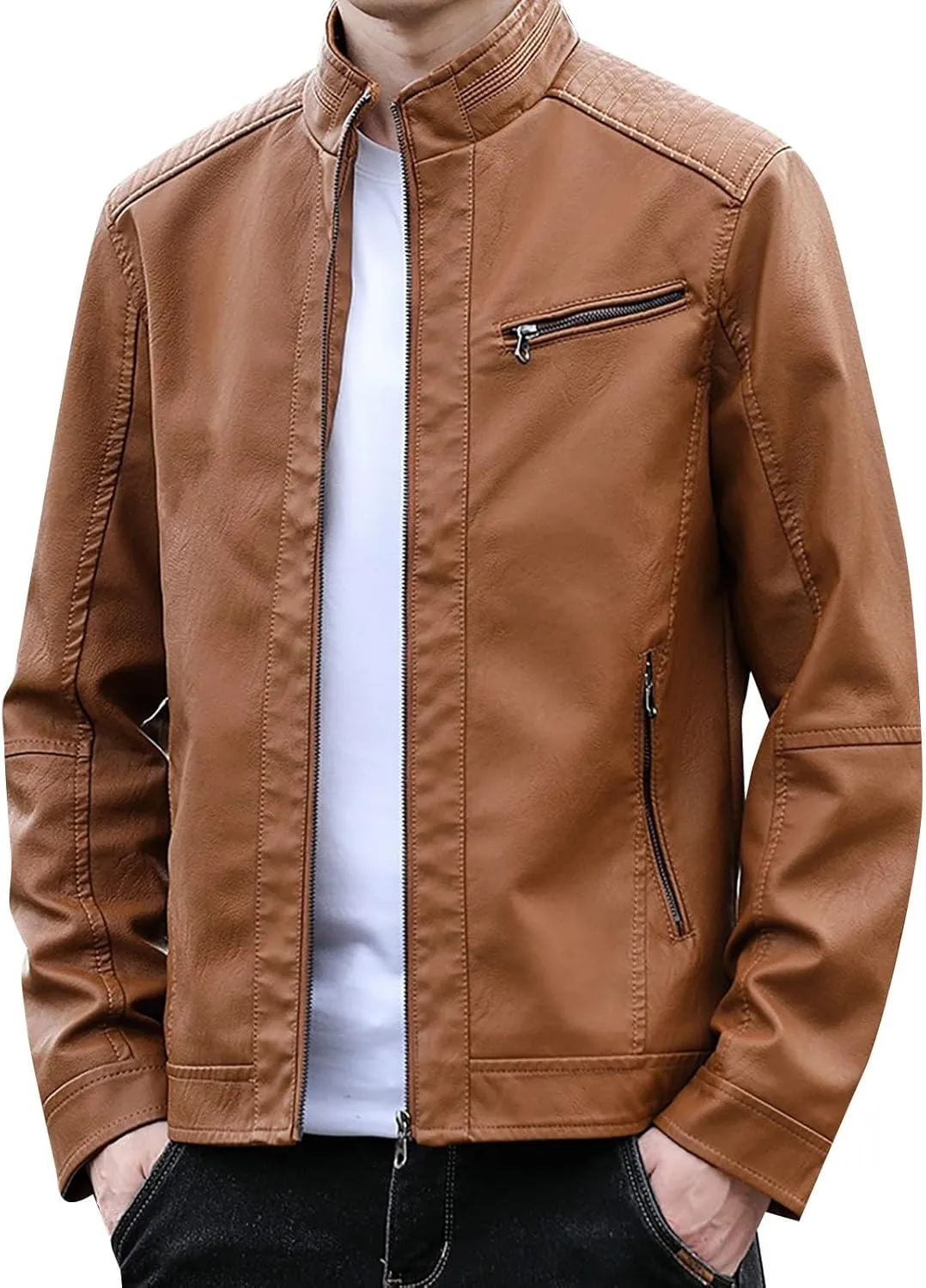 Mens Stylish Faux Leather Jackets Vintage Biker Motorcycle Riding Jackets Stand Collar Trucker Jacket Leather Coat