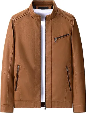 Mens Stylish Faux Leather Jackets Vintage Biker Motorcycle Riding Jackets Stand Collar Trucker Jacket Leather Coat