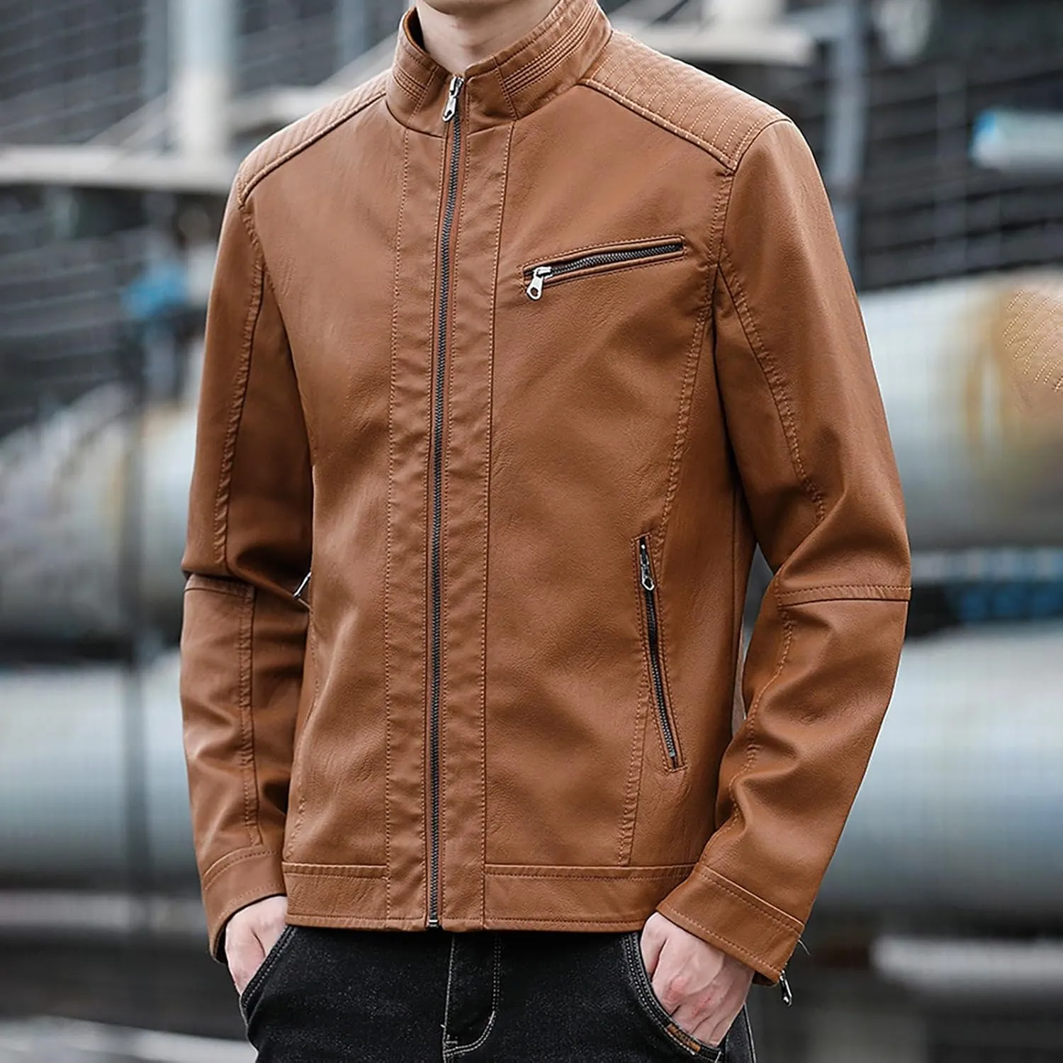 Mens Stylish Faux Leather Jackets Vintage Biker Motorcycle Riding Jackets Stand Collar Trucker Jacket Leather Coat