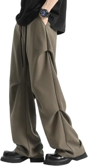 Men's Teen Y2k Baggy Wide Leg Dress Pants Pleated Loose Fit Straight Leg Drawstring Sweatpants with Pocket