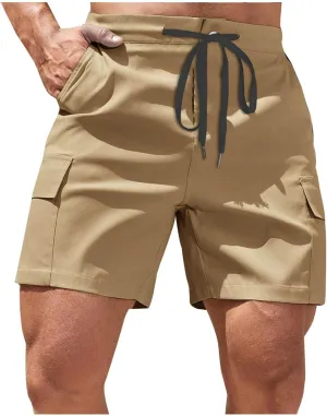 Mens Utility Cargo Shorts Stretch Drawstring Waist Quick Dry Shorts with Dual Flap Pockets and Athletic Fit