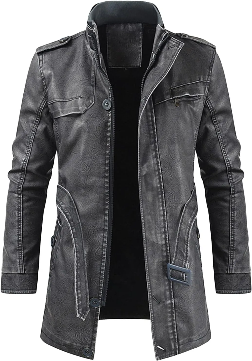 Men's Vintage Motorcycle Jacket Zip Up Stand Collar Mid Long Leather Coat Slim Fit Belt Street Moto Biker Outwear