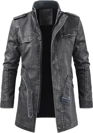 Men's Vintage Motorcycle Jacket Zip Up Stand Collar Mid Long Leather Coat Slim Fit Belt Street Moto Biker Outwear