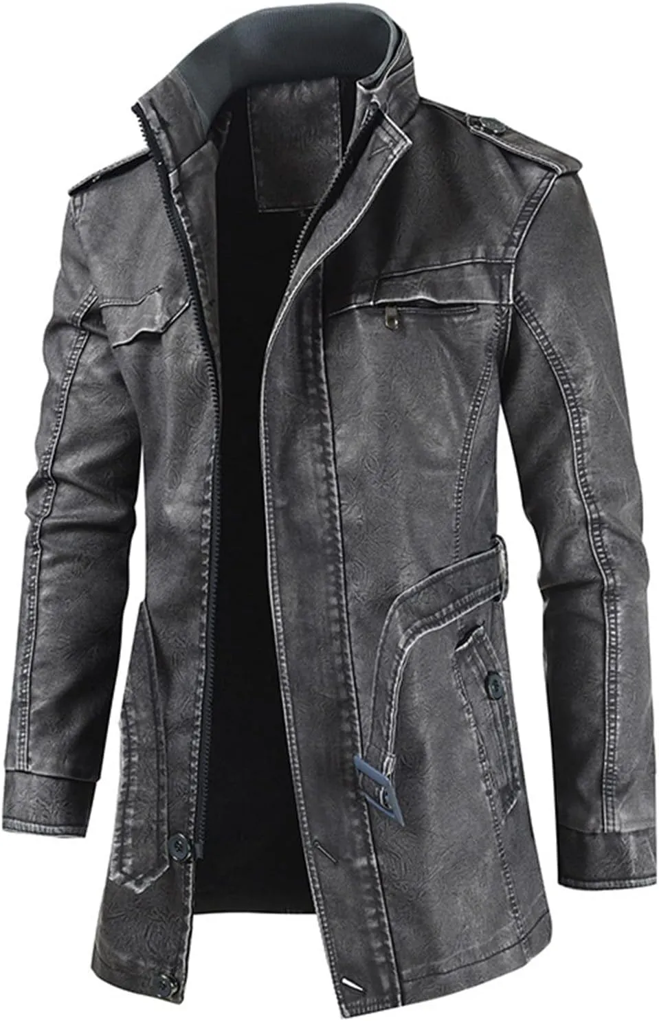 Men's Vintage Motorcycle Jacket Zip Up Stand Collar Mid Long Leather Coat Slim Fit Belt Street Moto Biker Outwear