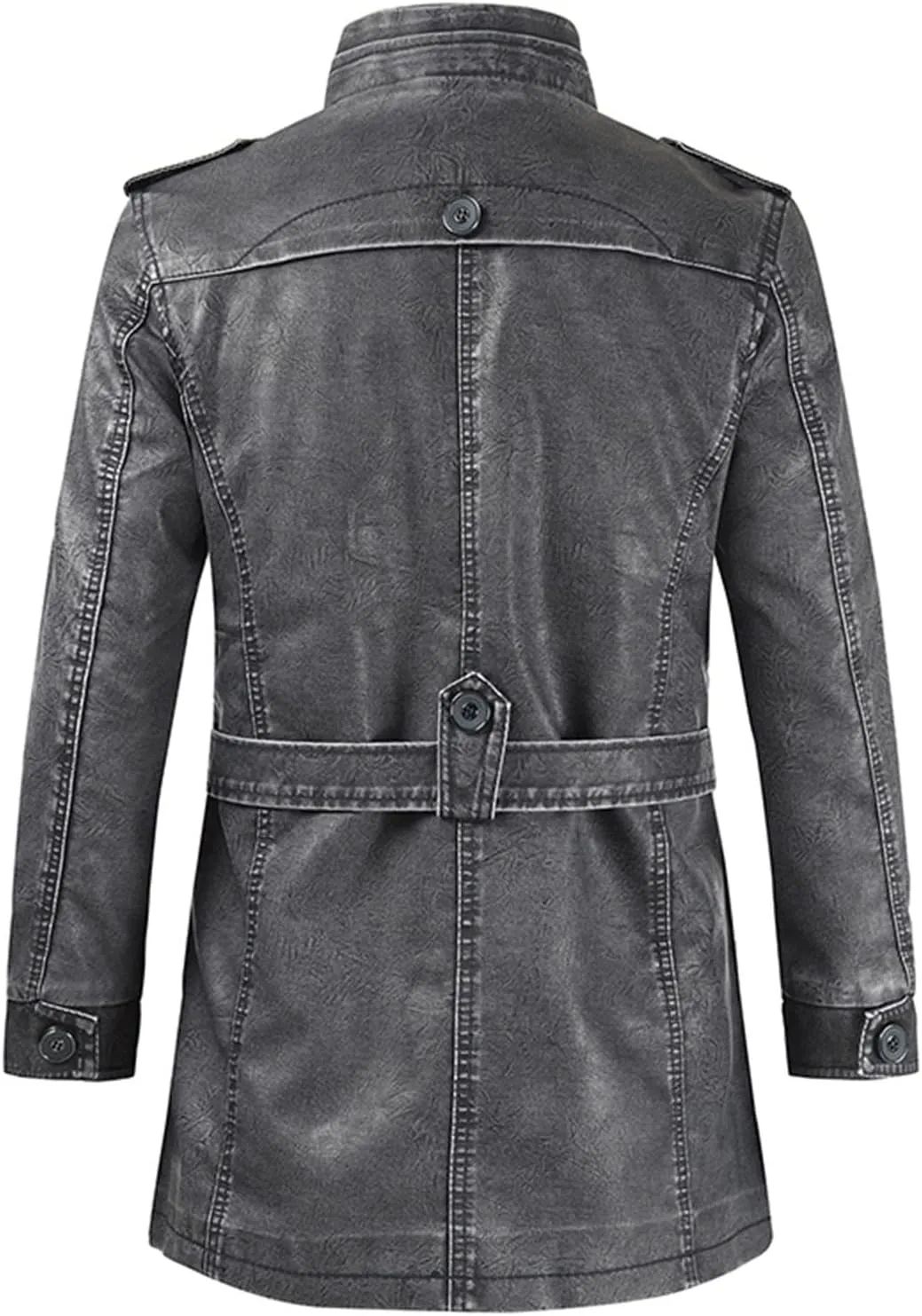 Men's Vintage Motorcycle Jacket Zip Up Stand Collar Mid Long Leather Coat Slim Fit Belt Street Moto Biker Outwear