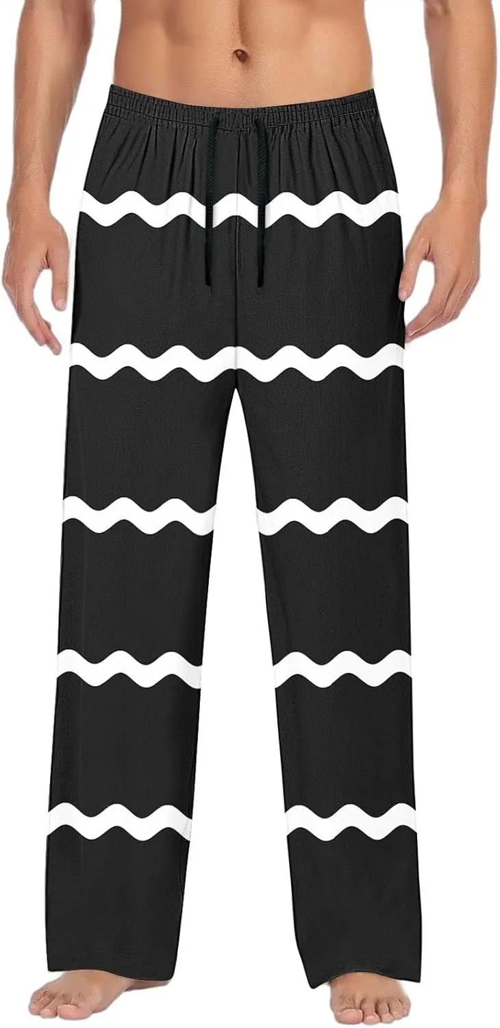 Men's Wave Stripe Patchwork Pants Drawstring Cotton Casual Lounge Pants with Pockets Elastic Waist Drawstring Trouser