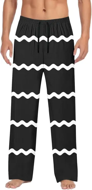 Men's Wave Stripe Patchwork Pants Drawstring Cotton Casual Lounge Pants with Pockets Elastic Waist Drawstring Trouser