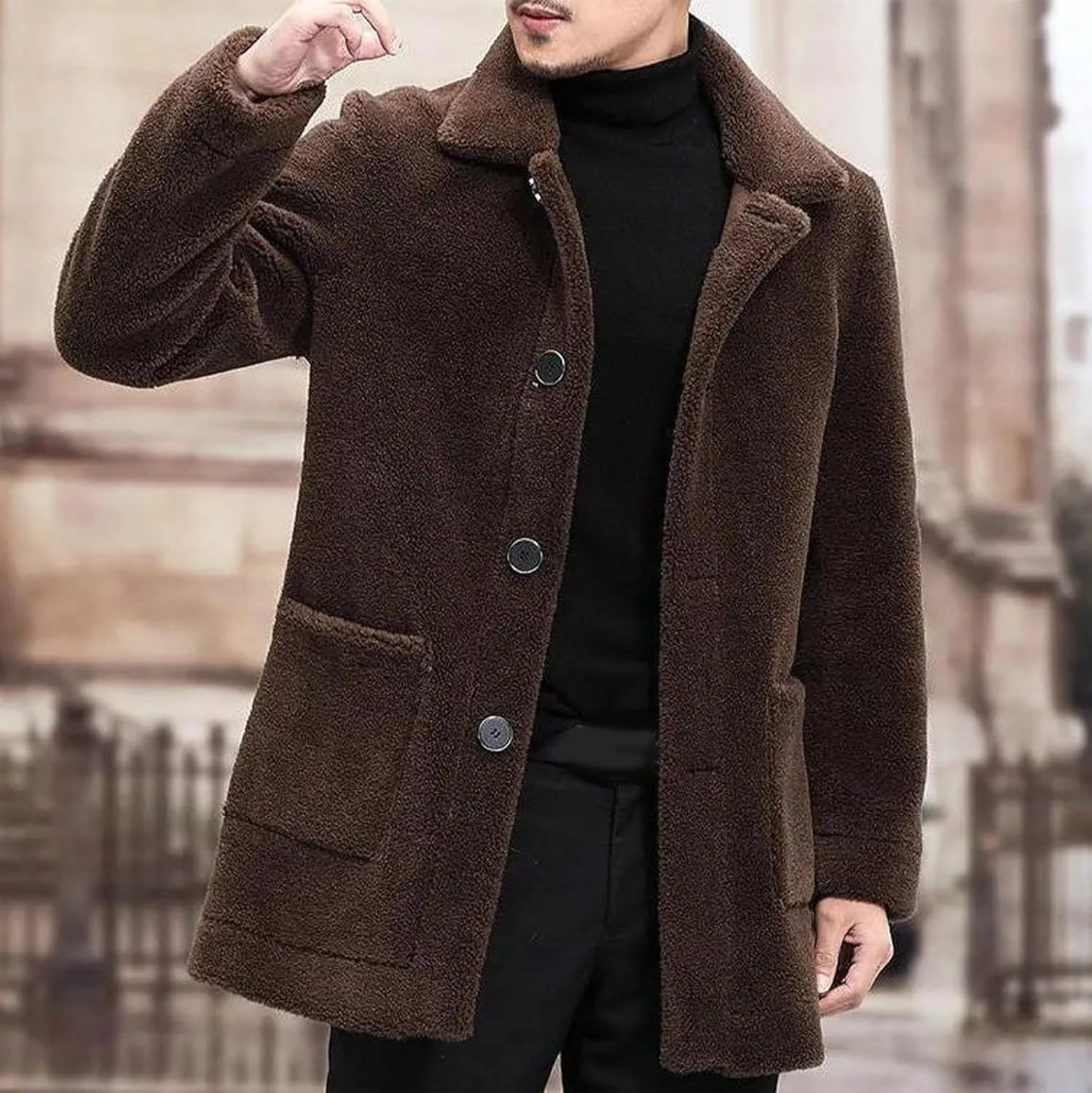 Men's Winter Coat Luxury Faux Fur Coats Long Thicken Overcoat Button Down Turn Collar Fluffy Cardigan Parka Jackets