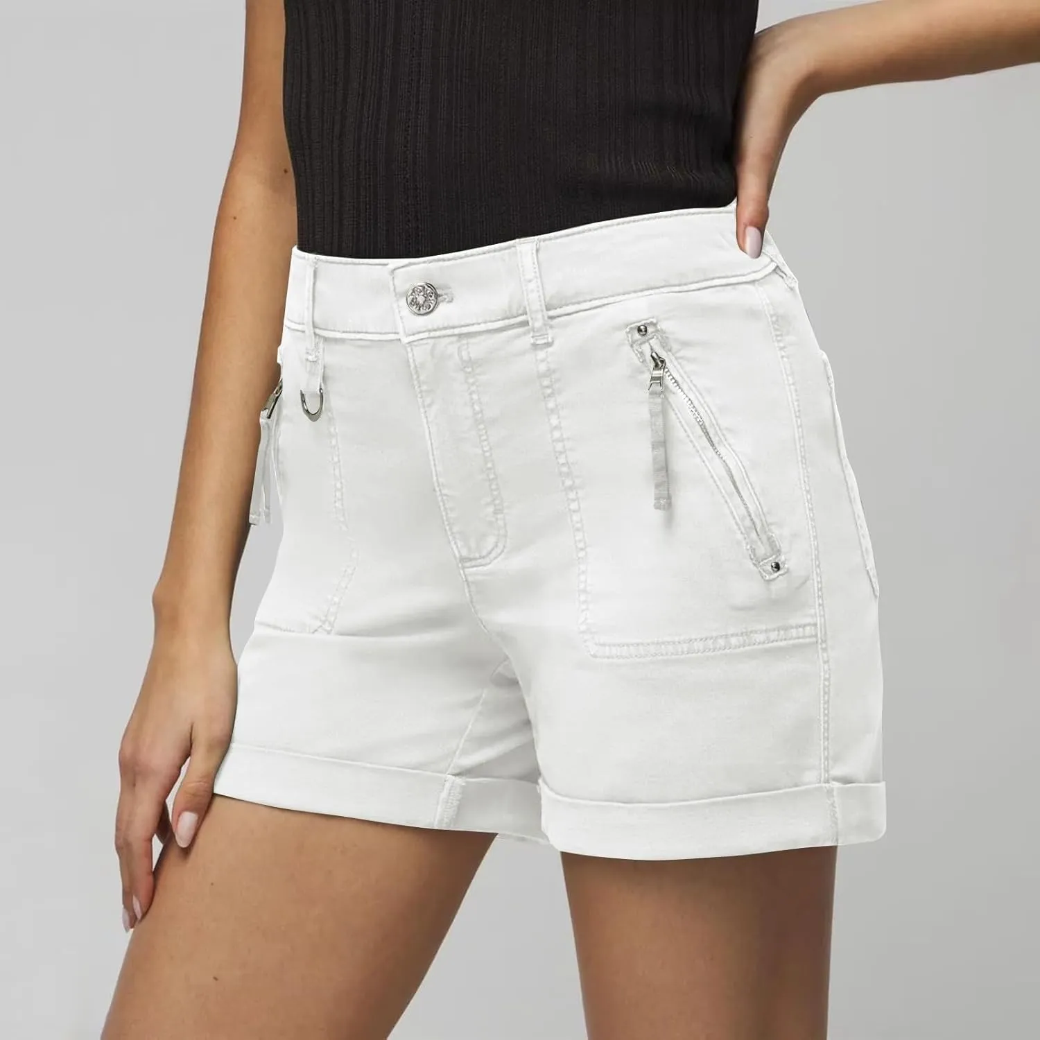 midelxp Stretchy Twill Jean Shorts for Women Y2k Rolled Hem High Waisted Denim Shorts Summer Casual Cargo Shorts with Pockets