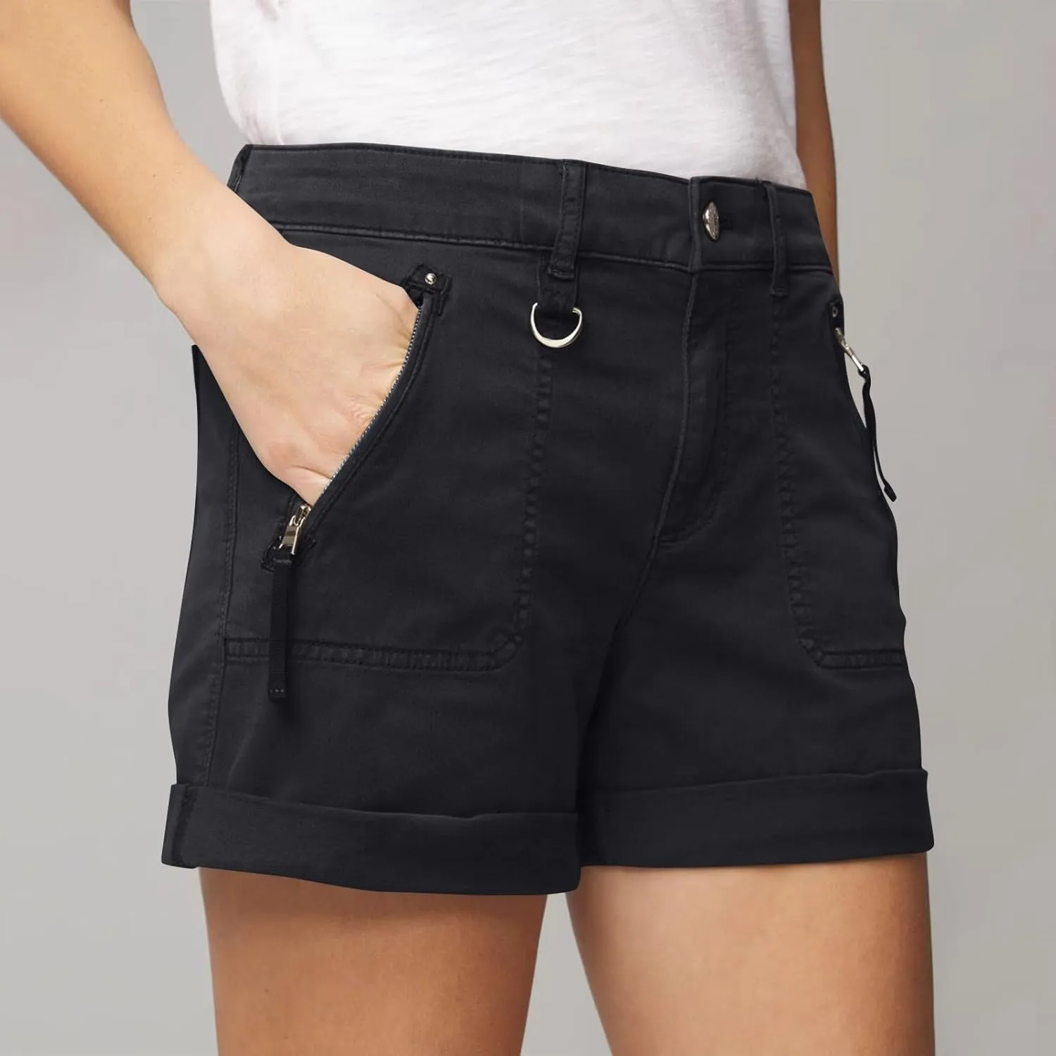 midelxp Stretchy Twill Jean Shorts for Women Y2k Rolled Hem High Waisted Denim Shorts Summer Casual Cargo Shorts with Pockets