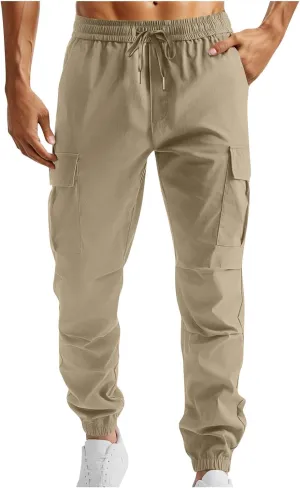 Muscularfit Mens Athletic Pants Outdoor Fashion Elastic Waist Drawstring Cargo Pants Multi Pocket Causal Beam Feet Sweatpant