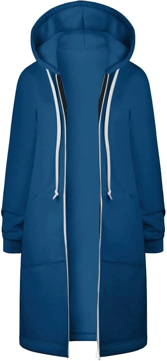 Muyise Women's Casual 2023 Zip Up Hoodies Long Tunic Sweatshirt Lightweight Winter Warm Drawstring Hooded Jacket with Pockets