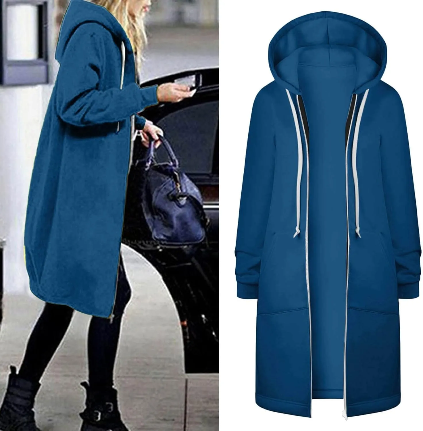 Muyise Women's Casual 2023 Zip Up Hoodies Long Tunic Sweatshirt Lightweight Winter Warm Drawstring Hooded Jacket with Pockets
