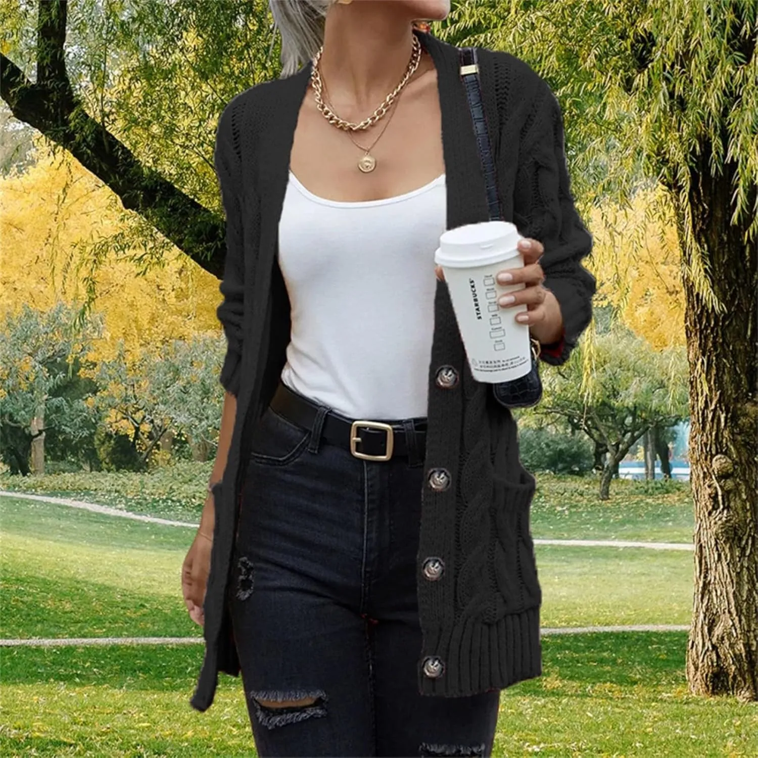 Open Front Cardigan Sweaters for Women Fall Long Sleeve Button Down Cable Knit Chunky Sweater Outwear Coats