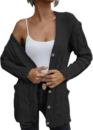 Open Front Cardigan Sweaters for Women Fall Long Sleeve Button Down Cable Knit Chunky Sweater Outwear Coats