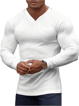 OYOANGLE Men's V Neck Long Sleeve Pullover Tops Ribbed Knit Solid Muscle T Shirts