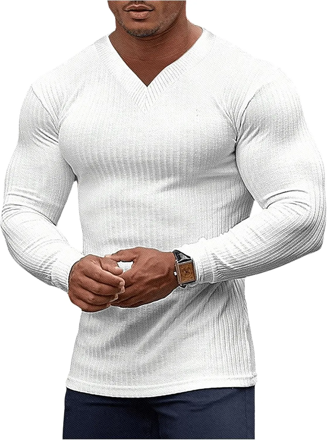 OYOANGLE Men's V Neck Long Sleeve Pullover Tops Ribbed Knit Solid Muscle T Shirts