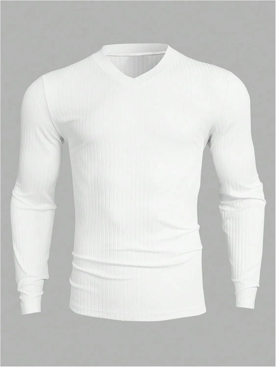 OYOANGLE Men's V Neck Long Sleeve Pullover Tops Ribbed Knit Solid Muscle T Shirts