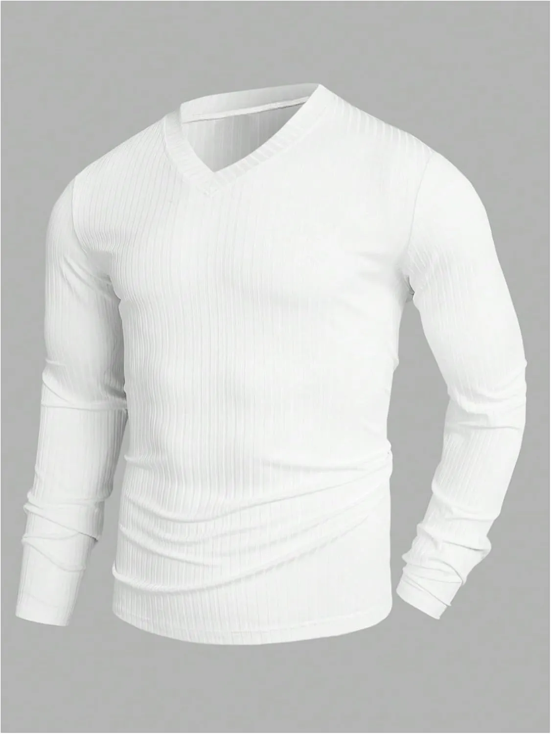 OYOANGLE Men's V Neck Long Sleeve Pullover Tops Ribbed Knit Solid Muscle T Shirts