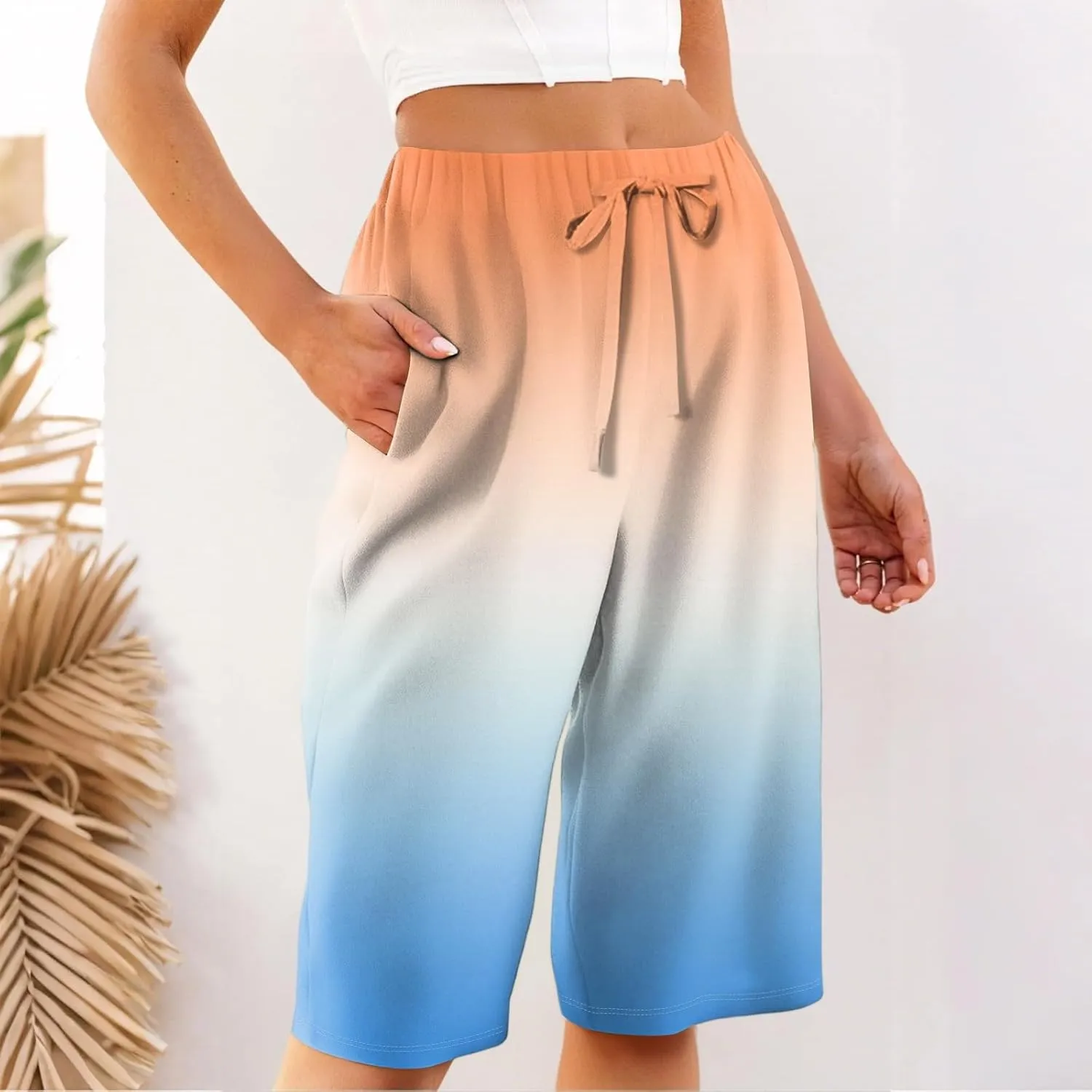 Pants for Women Drawstring Elastic Linen Knee Length Crop Pants Summer High Rise Tie-Dye Fashion Bermuda Shorts Pocket