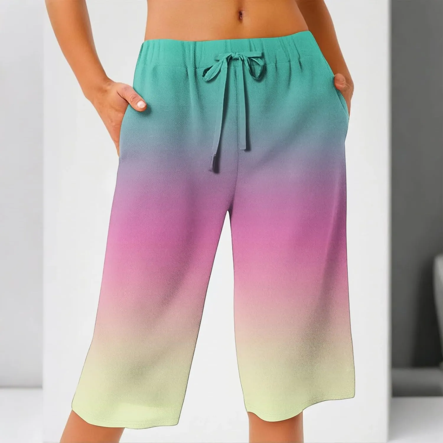 Pants for Women Drawstring Elastic Linen Knee Length Crop Pants Summer High Rise Tie-Dye Fashion Bermuda Shorts Pocket