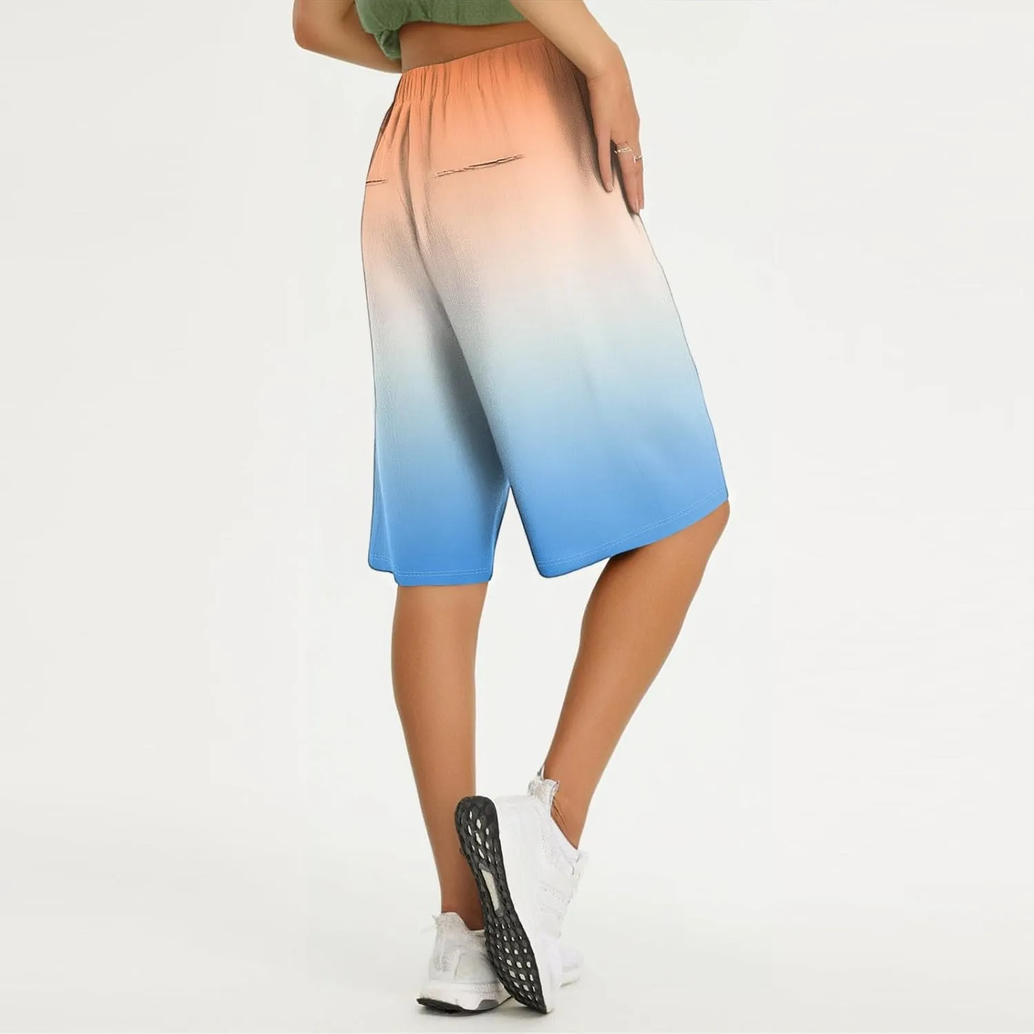 Pants for Women Drawstring Elastic Linen Knee Length Crop Pants Summer High Rise Tie-Dye Fashion Bermuda Shorts Pocket
