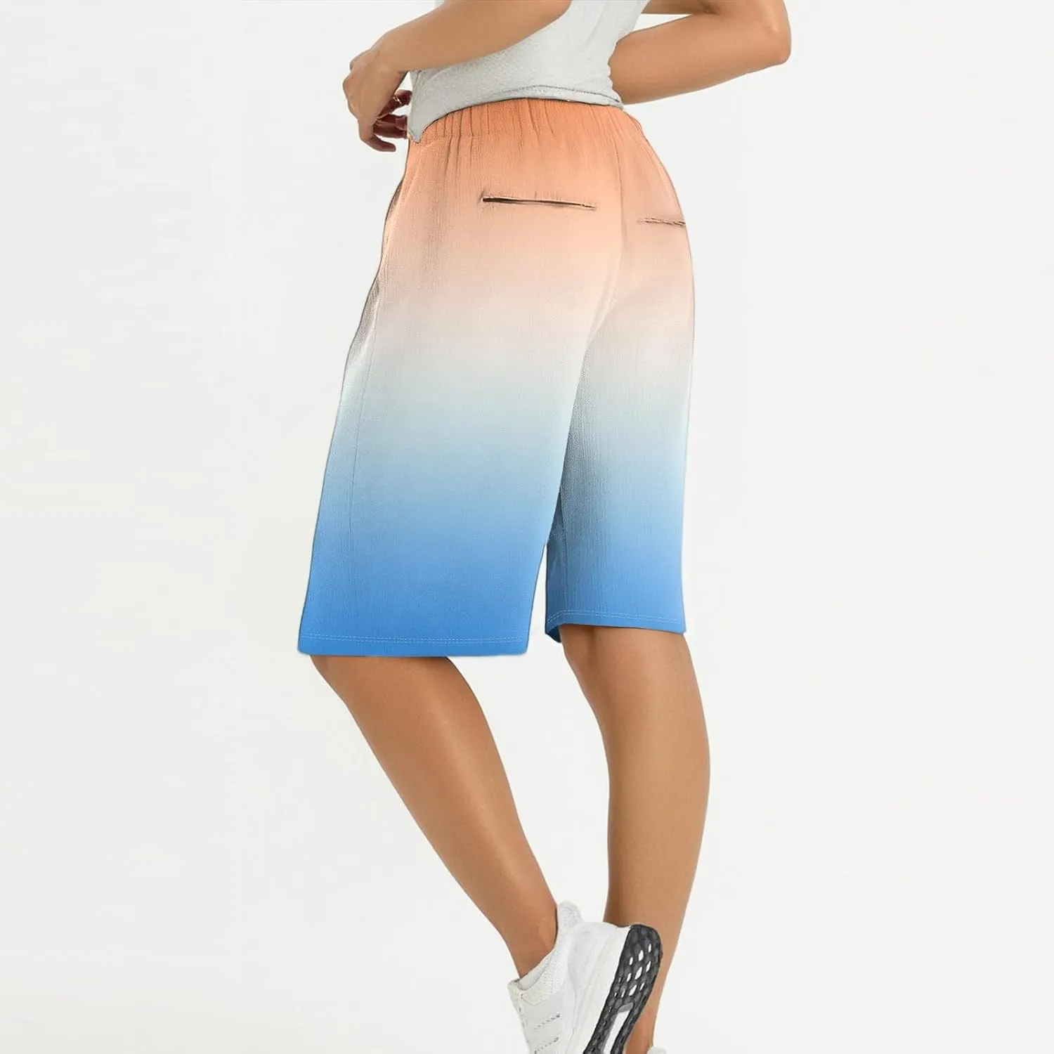 Pants for Women Drawstring Elastic Linen Knee Length Crop Pants Summer High Rise Tie-Dye Fashion Bermuda Shorts Pocket