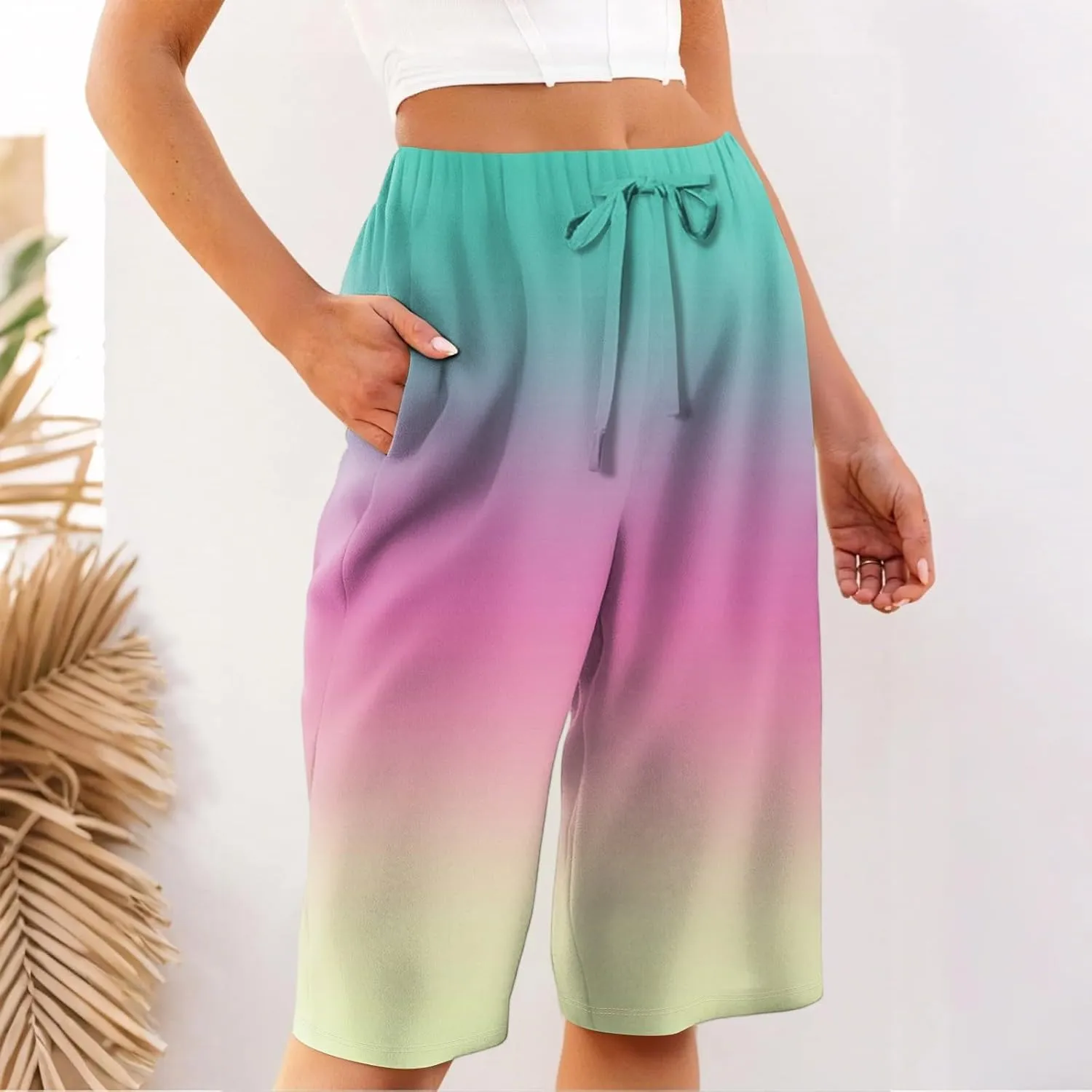 Pants for Women Drawstring Elastic Linen Knee Length Crop Pants Summer High Rise Tie-Dye Fashion Bermuda Shorts Pocket