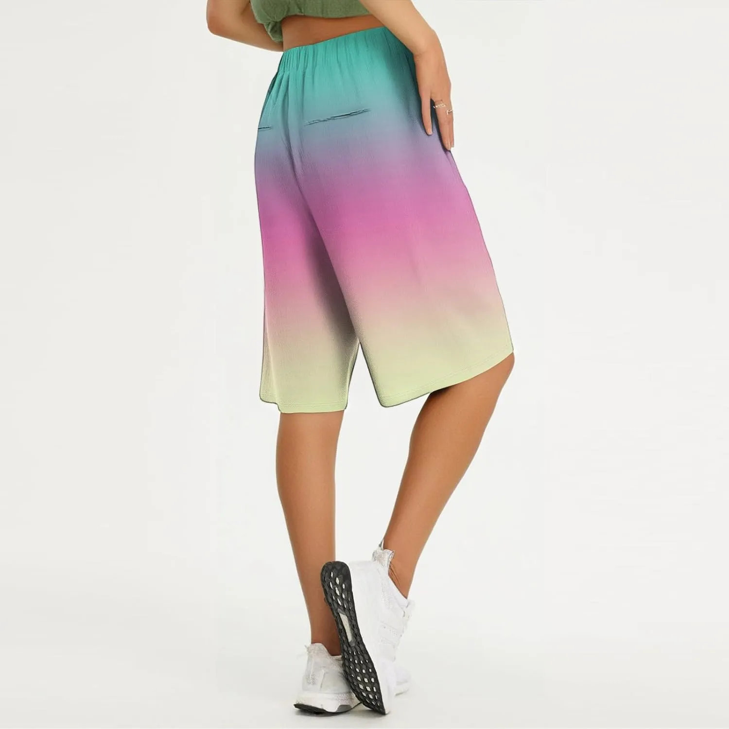 Pants for Women Drawstring Elastic Linen Knee Length Crop Pants Summer High Rise Tie-Dye Fashion Bermuda Shorts Pocket