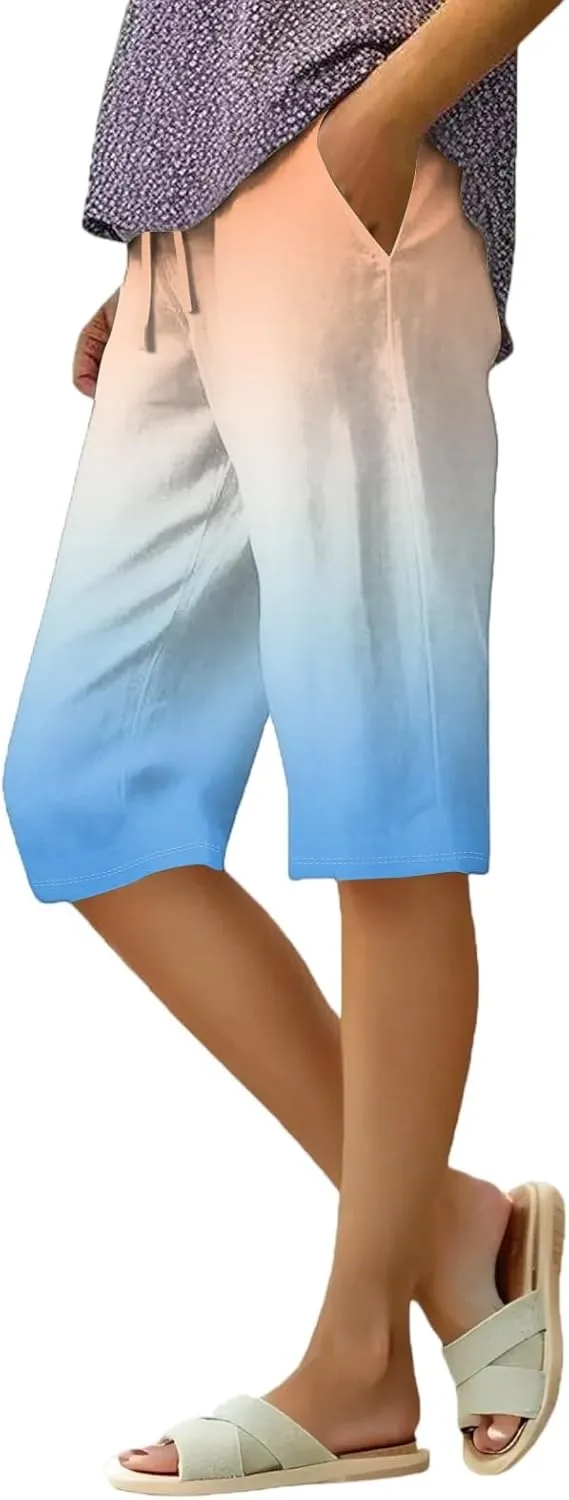 Pants for Women Drawstring Elastic Linen Knee Length Crop Pants Summer High Rise Tie-Dye Fashion Bermuda Shorts Pocket