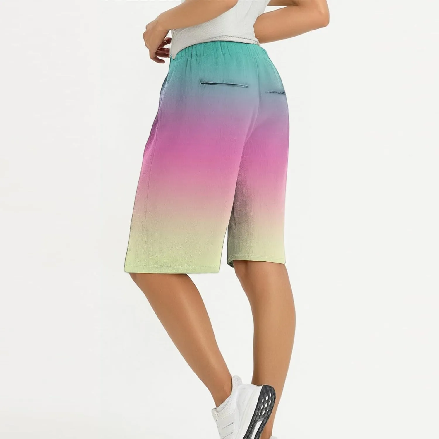 Pants for Women Drawstring Elastic Linen Knee Length Crop Pants Summer High Rise Tie-Dye Fashion Bermuda Shorts Pocket