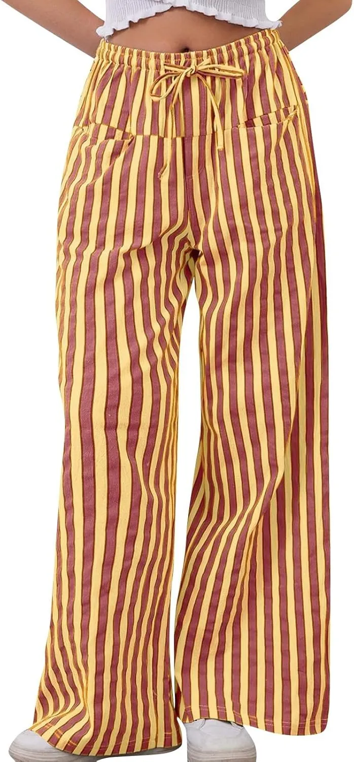 Pin Stripe Pants Women Baggy High Waisted Wide Leg Palazzo Pants Casual Drawstring Lounge Trousers with Pockets