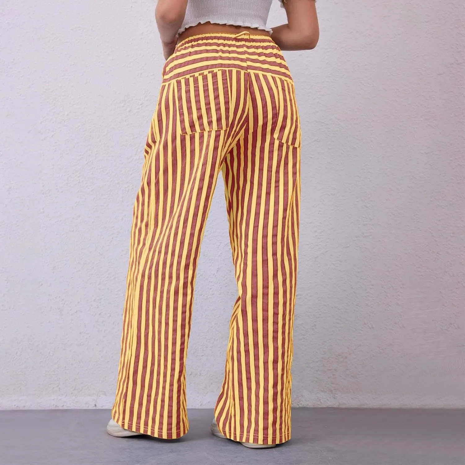Pin Stripe Pants Women Baggy High Waisted Wide Leg Palazzo Pants Casual Drawstring Lounge Trousers with Pockets