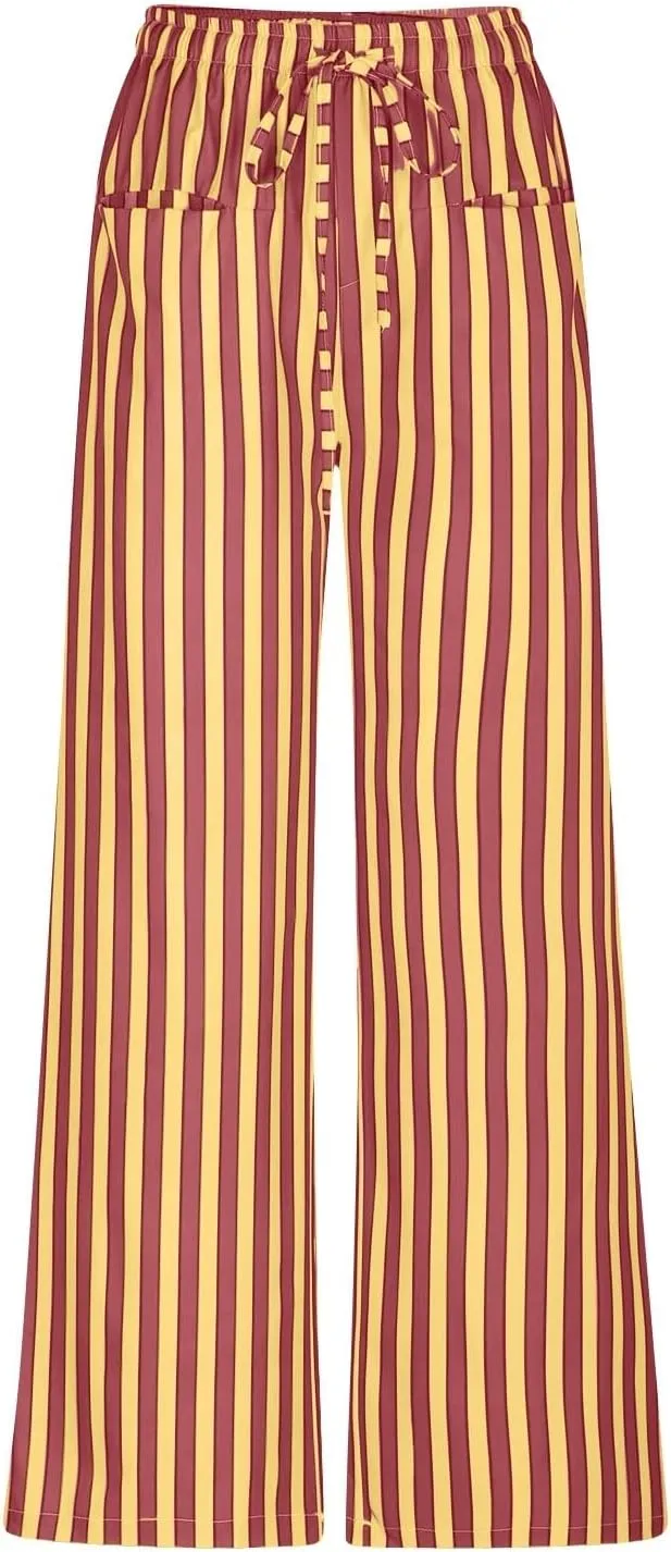 Pin Stripe Pants Women Baggy High Waisted Wide Leg Palazzo Pants Casual Drawstring Lounge Trousers with Pockets