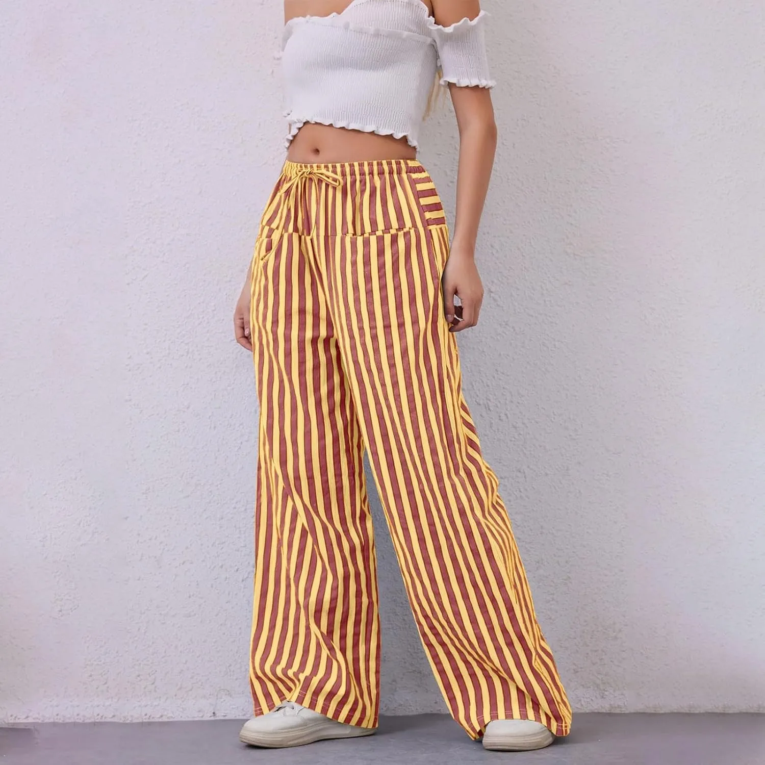 Pin Stripe Pants Women Baggy High Waisted Wide Leg Palazzo Pants Casual Drawstring Lounge Trousers with Pockets