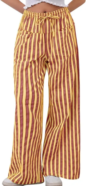 Pin Stripe Pants Women Baggy High Waisted Wide Leg Palazzo Pants Casual Drawstring Lounge Trousers with Pockets