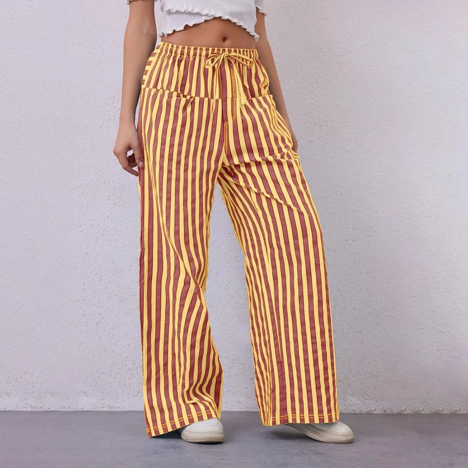 Pin Stripe Pants Women Baggy High Waisted Wide Leg Palazzo Pants Casual Drawstring Lounge Trousers with Pockets