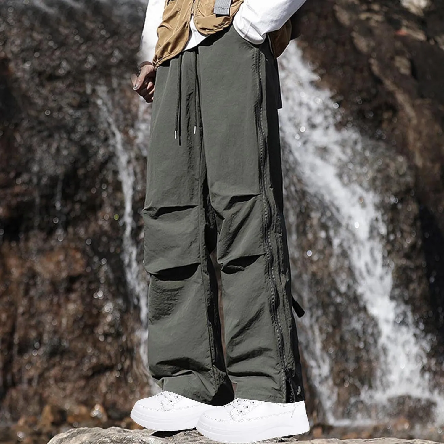 Plus Size Cargo Pants for Men Solid Fashion Drawstring Elastic Waist Trousers Casual Loose Straight Leg Sports Pant