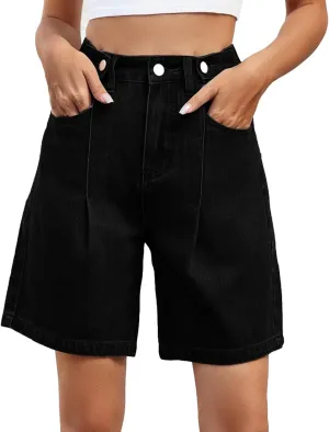 Plus Size Denim Shorts for Curvy Women - Bermuda Mid-Rise Butt Lift Summer Long Denim 5 Inch Inseam with Pockets