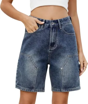 Plus Size Denim Shorts for Curvy Women - Bermuda Mid-Rise Butt Lift Summer Long Denim 5 Inch Inseam with Pockets