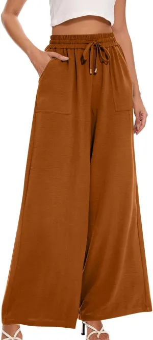 Plus Size Pants for Women Summer Trendy Palazzo Pants Flowy Wide Leg Beach Comfy Trousers Pants with Pockets