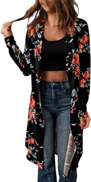 Printed Open Front Longline Cardigan Black/Floral/XL/Adults