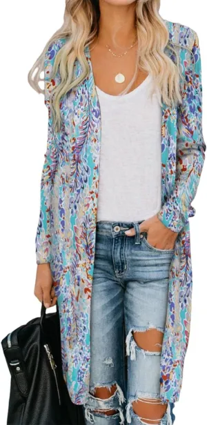 Printed Open Front Longline Cardigan Leaf/S/Adults Green