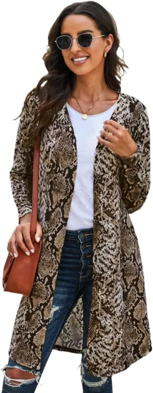Printed Open Front Longline Cardigan Snakeskin/M/Adults Multi