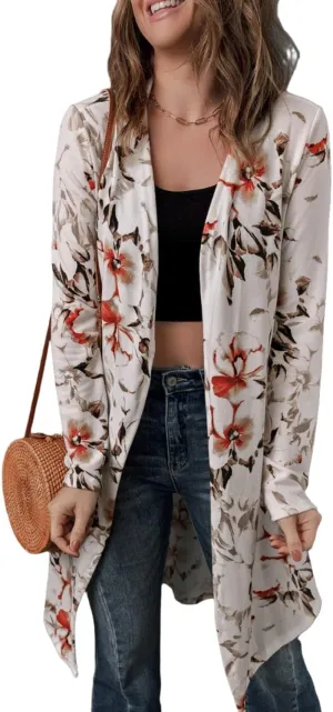 Printed Open Front Longline Cardigan White-Floral/XL/Adults