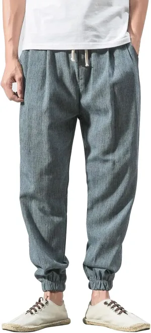 PTOLOCIF Linen Pants Men Harem Drawstring Pants Elastic Waist Lightweight Trouser Hippie Summer Beach Yoga Pants with Pockets