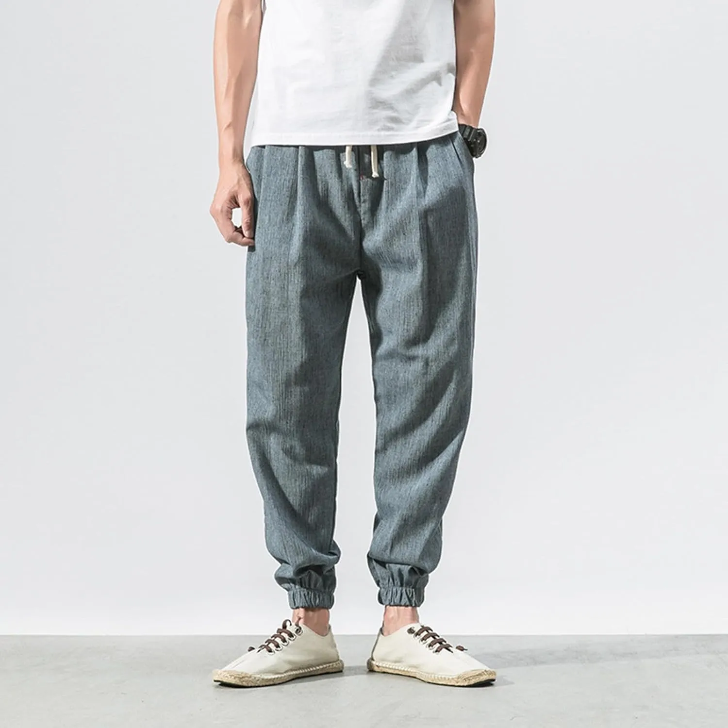 PTOLOCIF Linen Pants Men Harem Drawstring Pants Elastic Waist Lightweight Trouser Hippie Summer Beach Yoga Pants with Pockets