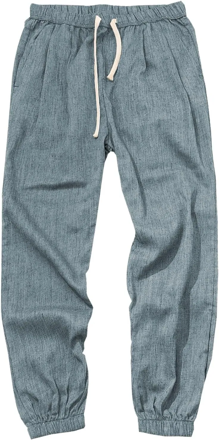 PTOLOCIF Linen Pants Men Harem Drawstring Pants Elastic Waist Lightweight Trouser Hippie Summer Beach Yoga Pants with Pockets