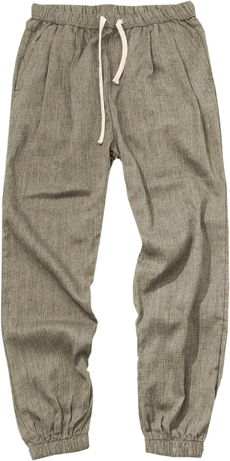 PTOLOCIF Linen Pants Men Harem Drawstring Pants Elastic Waist Lightweight Trouser Hippie Summer Beach Yoga Pants with Pockets