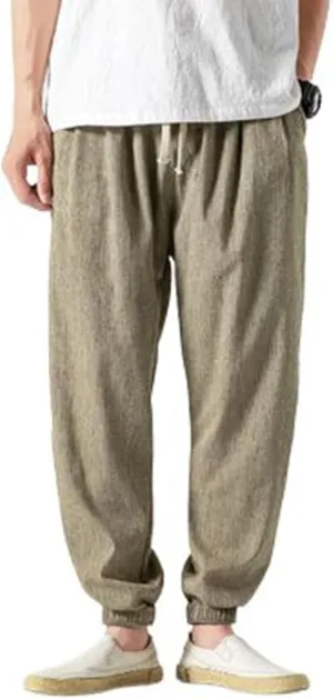 PTOLOCIF Linen Pants Men Harem Drawstring Pants Elastic Waist Lightweight Trouser Hippie Summer Beach Yoga Pants with Pockets